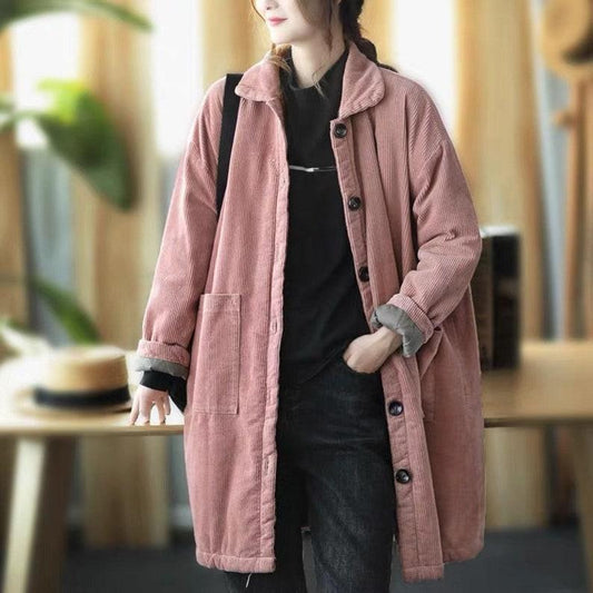 Winter Thick Corduroy Long Coat Mid-length Large Size Warm Jacket Ladies Corduroy Windbreaker Large Size Corduroy Handmade Trench Coat