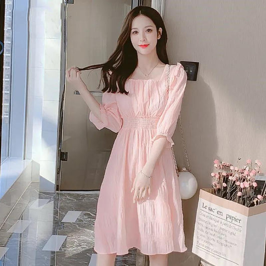 Women's Summer Dress Square Neck Slim Puff Sleeve Solid Color Skirt