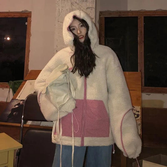 Cotton Jacket Female Chic Lamb Fur Coat on Both Sides Female Winter Retro Korean Loose Bf