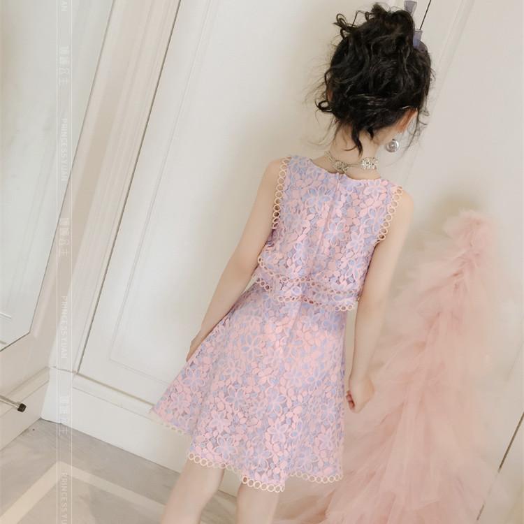 Girls' Dress Summer Broken Flowers Dress Children Net Red Girl Chinese Style Fake Two Pieces of Lace Skirt
