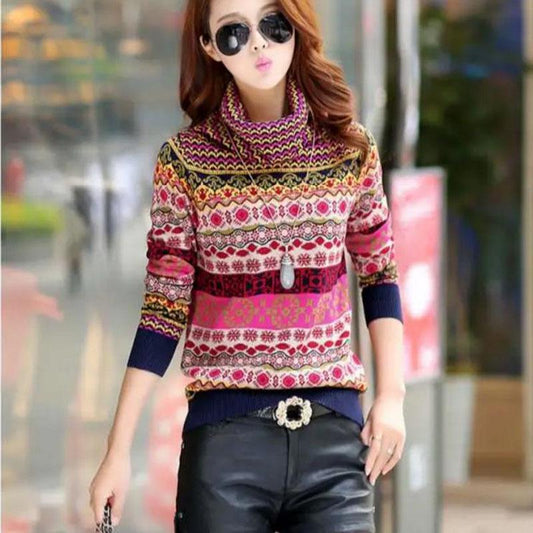 Vintage Print Turtleneck Sweater Women Thick Slim Pullover Sweater Heaps Collar Knitwear Bottoming/outwear