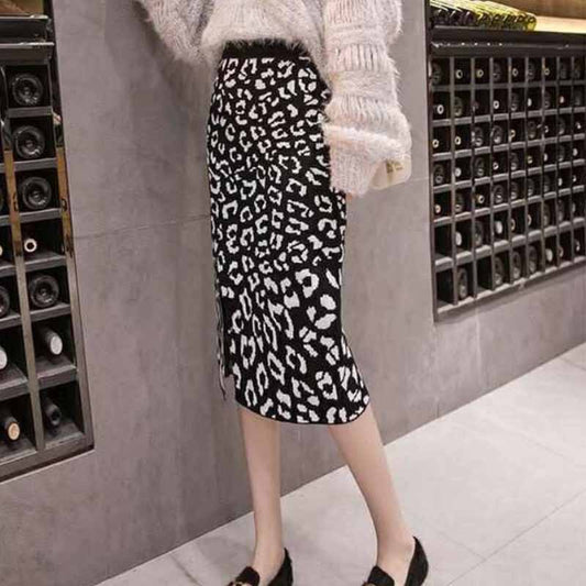 Autumn and Winter Half-length Skirt Leopard-print Knitted Half-length Long Skirt Women Loose Ins Fashion Skirt One-step Skirt Sweater Bag Hip Skirt