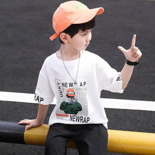 Children's Clothing Boys Summer Suit Fashion Soft Breathable Light Breathable Cartoon Letter Printing Short Sleeves + Cropped Pants Two-piece Set