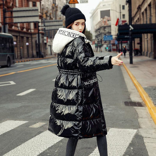 Down Jacket Shiny Korean Version of White Duck Down Thick Loose Mid-length Waist Thinner Hooded Fashion