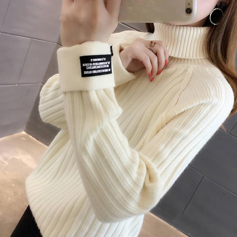 Pofulove Lady Sweater Thicken Loose Autumn Winter Turtleneck Long Sleeve Bottoming Shirt Sweet Top