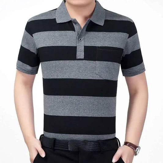 Summer Short-sleeved T-shirt Male Middle-aged Striped Dad Outfit Lapel Shirt Loose Half-sleeved Shirt with Real Pockets