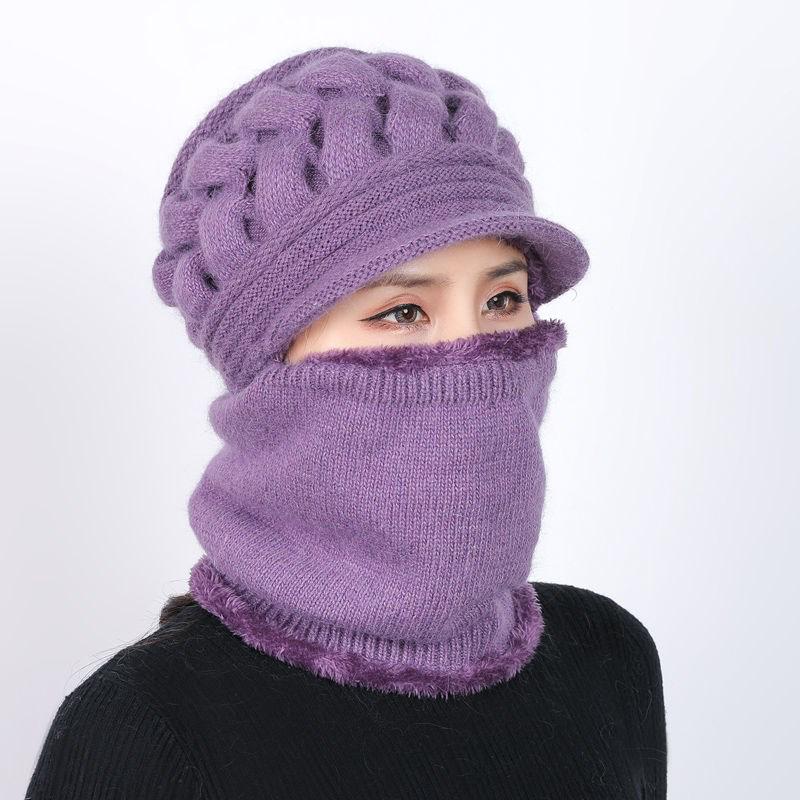 Women's Winter Windproof and Velvet Warm Knitted Woolen Cap Plush Pompon Cap Scarf Crochet Cap