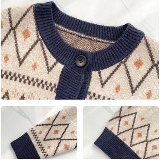 Bear Jacquard Sweater Jacket Women's Autumn and Winter Loose and Lazy Style Contrast Color Knitted Cardigan Top Trendy