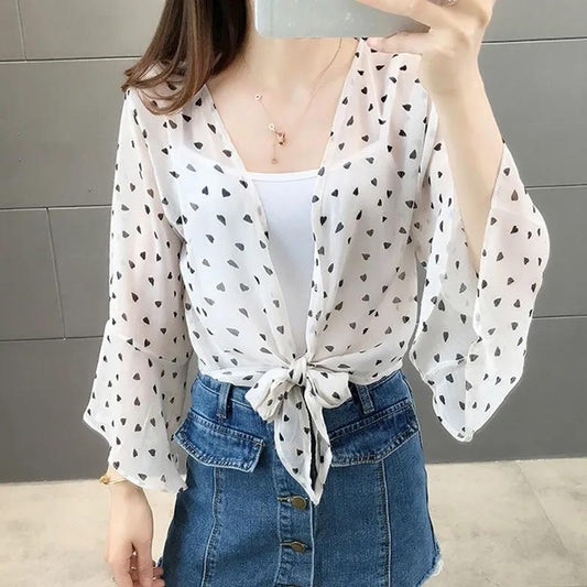 1 PCS Beach Sun Cardigan Chiffon Women Sun Protection Summer Short Solid Color Thin Shawl Heart-shaped Print