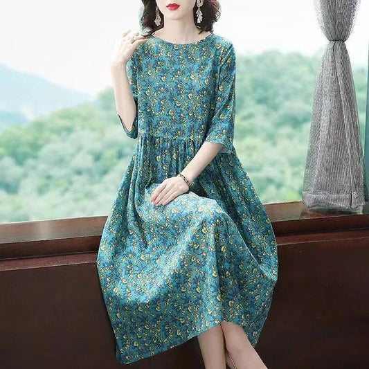 Women's Summer Dress Round Neck Skirt Women's Plus Size Mother Print Mid Length A-Line Skirt