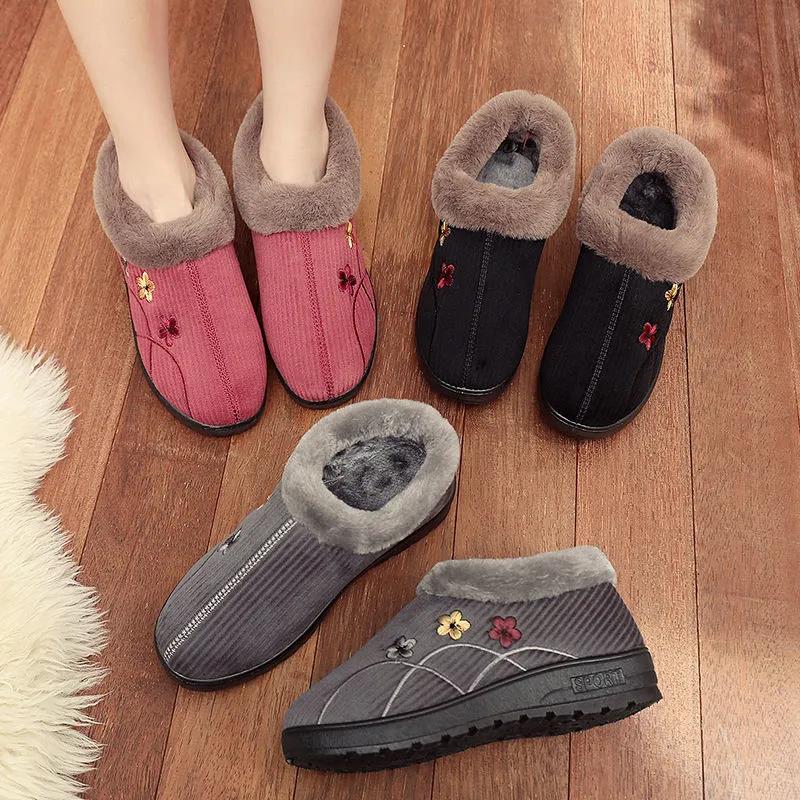 Cotton Shoes Women Winter Plus Velvet Embroidery Thickening Warm Plush Cotton Shoes Flat Windproof Non-slip Shoes