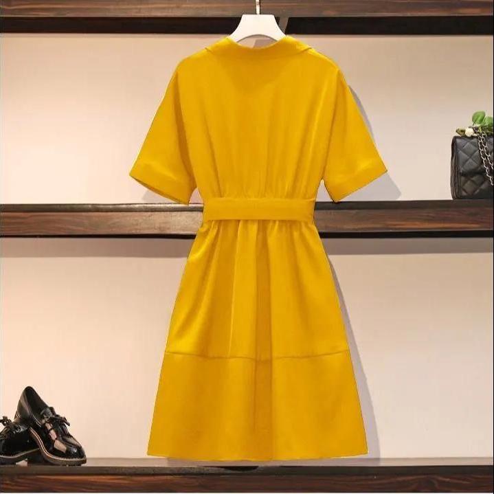 Women Summer Vintage High Waist Short Sleeve Dress Elegant Patchwork Print Mid-length Pleated Dress