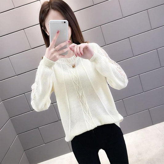 Spring and Autumn Loose Sweater Round Neck Large Size Long-sleeved Top Hollow Youth Female Bottoming Shirt