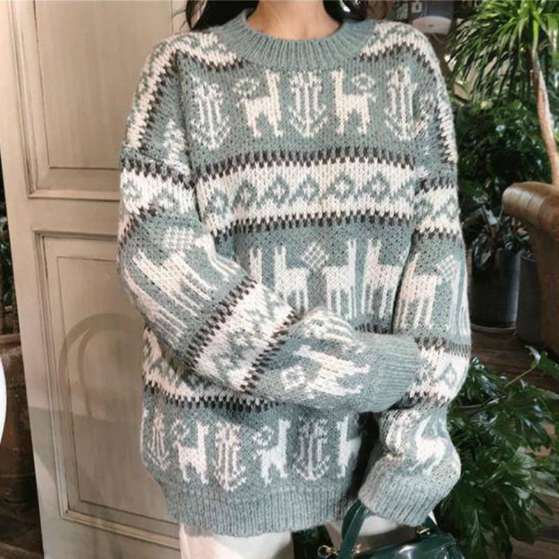 Pofulove Autumn Winter Retro Loose Vintage Long-sleeved Thick Christmas Red Sweater Women