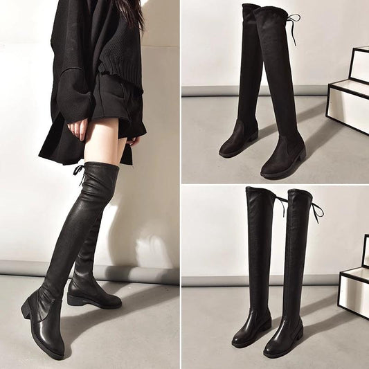 35-42 Size Women Thigh High Flat Boots Black Leather Boots Winter Fall Shoes Velvet Warm Over The Knee Fur Boots