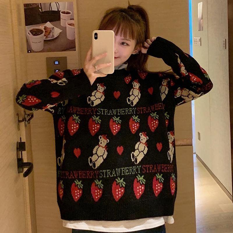 Women Fashion Sweater Casual Knitting Sweater Jacquard Round Neck Pullovers Loose Casual Long Sleeve Sweater Autumn Winter