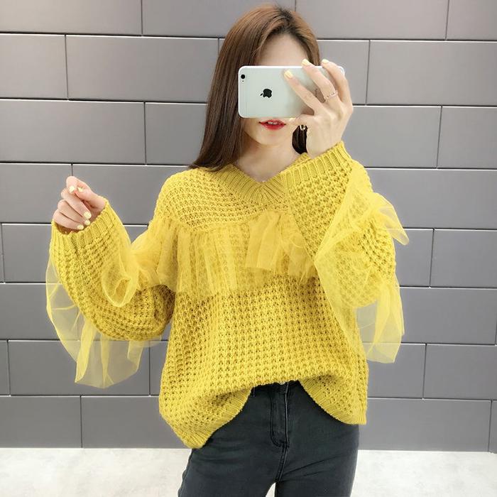 Women Black Sexy V-neck Lace Pullover Sweater Wild Thin Skinny Knitted Bottoming Shirt Coat