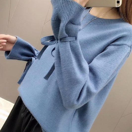 Trumpet Sleeve All-match Loose Top Small Fragrant Round Neck Long-sleeved Sweater