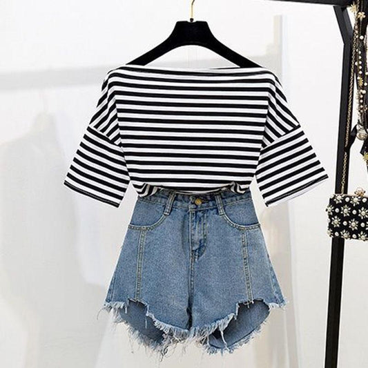 Fashion Shorts Suit Summer Off Shoulder Striped T-shirt Ripped Denim Shorts Two-Piece Casual Outfit