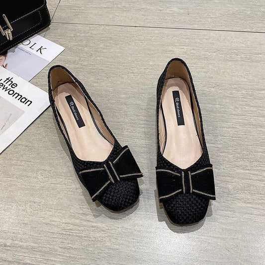 Bowknot Soft Sole Thick Heel Shoes Women Spring Korean Style Square Toe Woven Low-heeled Women's Shoes