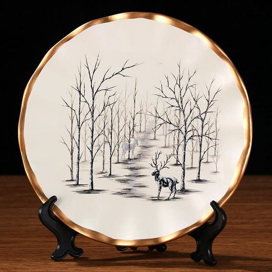21cm Flower Bird Tree Deer Lacquer Porcelain Plate European Style Decoration Present Style Decoration