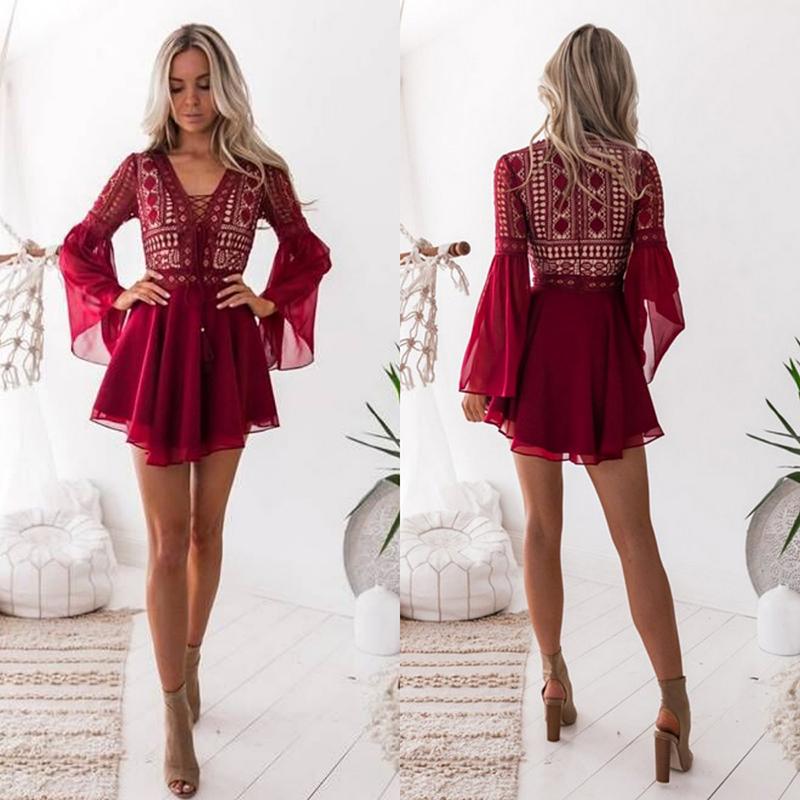 Sexy Women's Dress V-Neck Hollow Out Long Sleeve Mini Chiffon Dress Above Knee Elegant Boho Dress Casual Lace Vestido