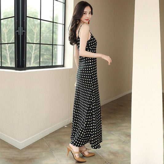 Polka Dot Sling Dress Female Long Section Over The Knee Simple Sexy A-line Skirt One-shoulder Long Skirt Polka Dot Pattern Ladies Slim Dress