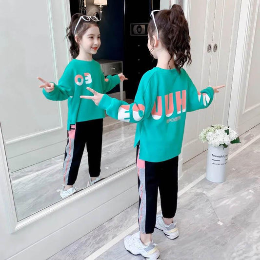 Girls' Suits Spring Clothes Korean Version Children's Spring and Autumn Loose Sweater Sports Comfortable Leisure All-match Two-piece Suit