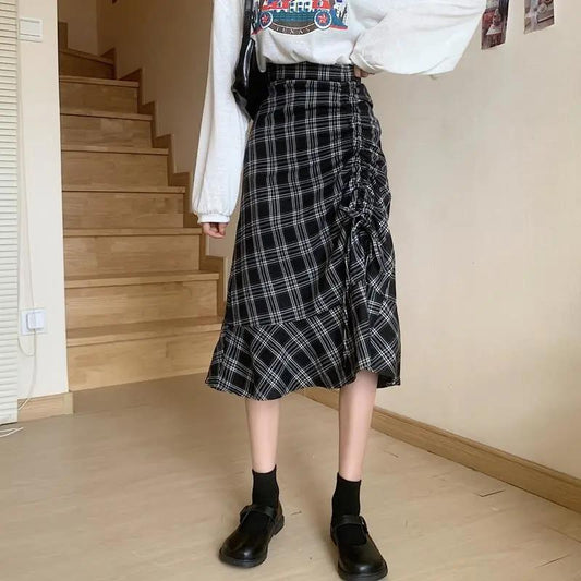 Folds Plaid Skirt Women High Waist A-line Mid-length Half Skirt Thin Daily Student School