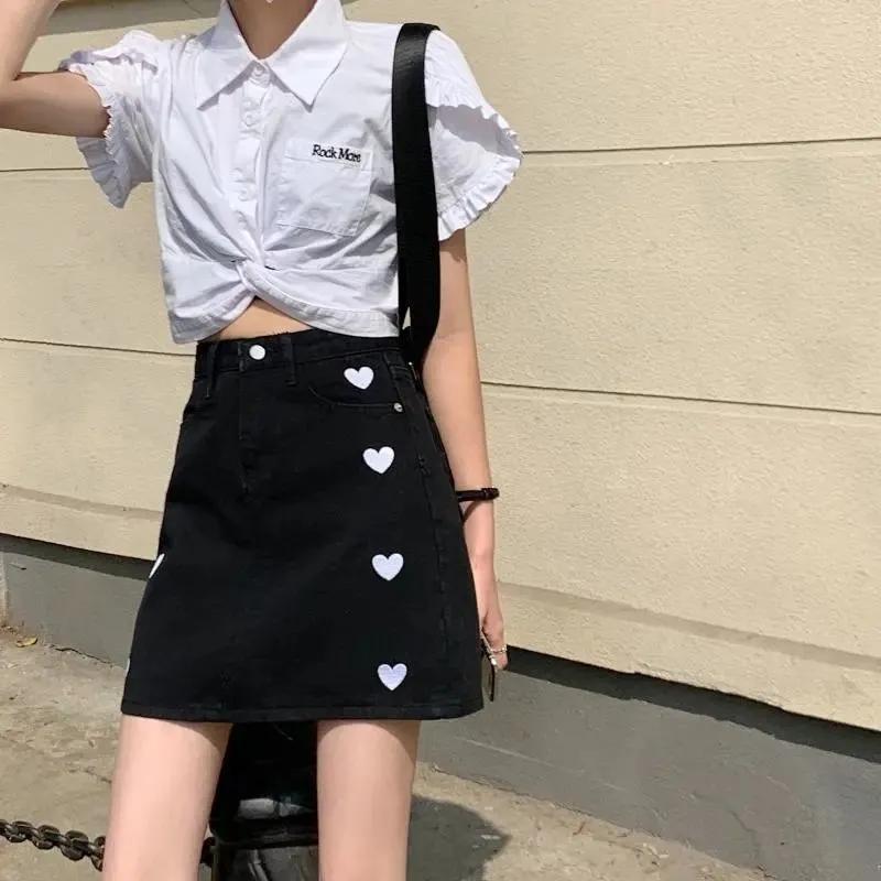 Heart Embroidered High Waist Denim Short Skirt Sweet A-line Skirt Bag Hip Skirt Summer All-match Short Denim Skirt