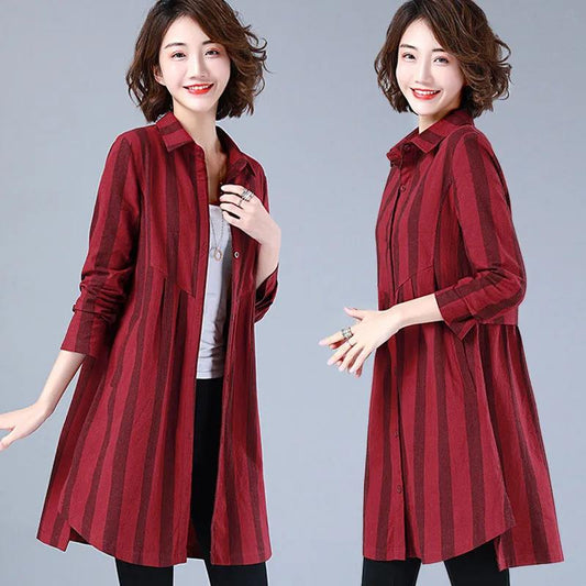 Long-sleeved All-match Plus Size Women's Striped Shirt Mid-length Shirt Temperament Top