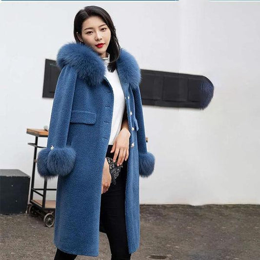 Winter High-end Imitation Fur Coat Women's Slim Thicker Loose Cotton Top Particle Sheep Shearing Women's Hooded Fox Fur Coat