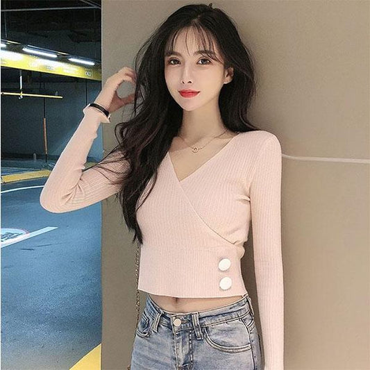 Spring and Autumn Long-sleeved Knit Bottoming Shirt Thin Cross V-neck Tight Top Women Short Sweater