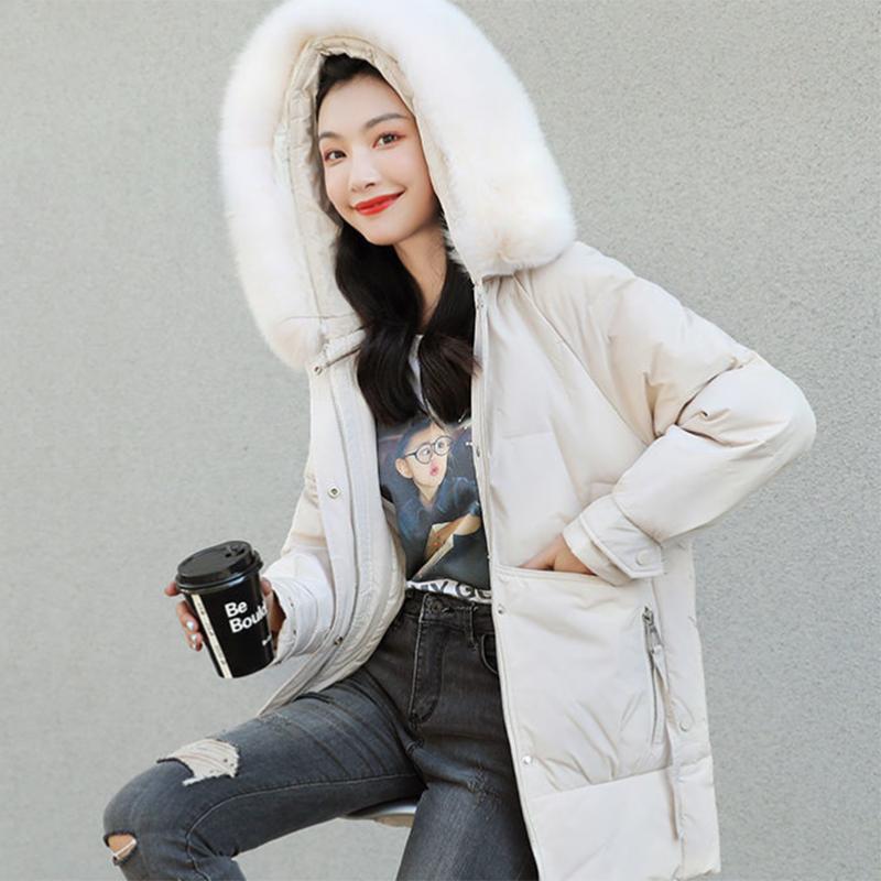 Women's Solid Color Down Jacket Mid-length Korean Loose Thick Coat Warm Cotton Coat Big Fur Collar Winter Clothes Quilted Coat