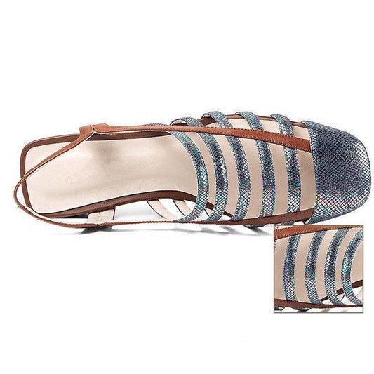 Thick Heel Sandals Women's Soft Leather Fish Pattern Shoes Roman Shoes Color Matching Hollow Word Buckle Women's Shoes Thick Bottom Sandals