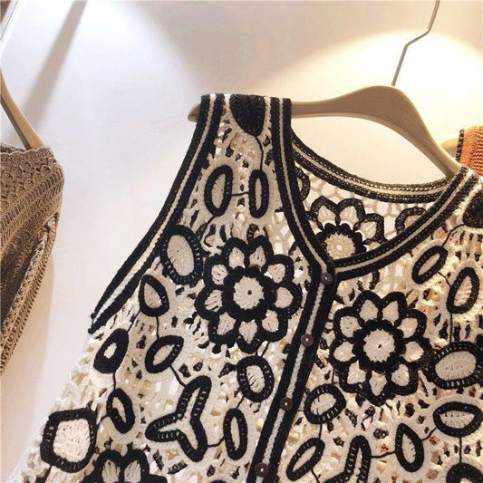 Embroidery Hollow Design Retro Style V-neck Sleeveless Waistcoat Women's Spring and Summer