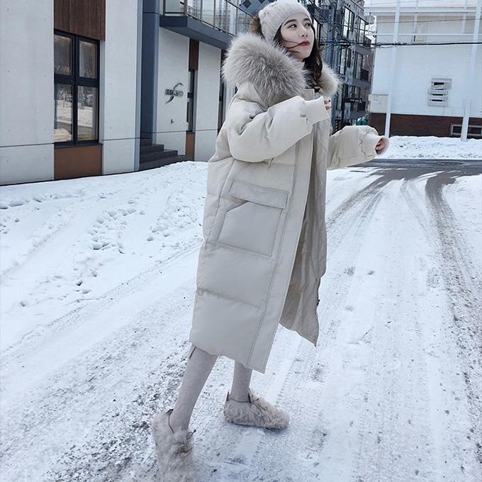 Winter Fluffy Big Fur Collar Hooded Down Jacket Women Mid-length Slim Over The Knee Thick Hooded Winter Warm Plus Fleece Jacket