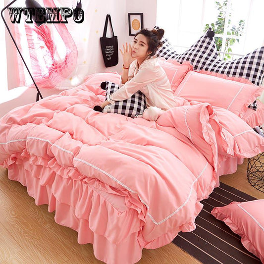 New Princess Style Beddings Set Sheet Duvet Cover Bed Skirt Pillowcase 4pcs Girls Bedclothes