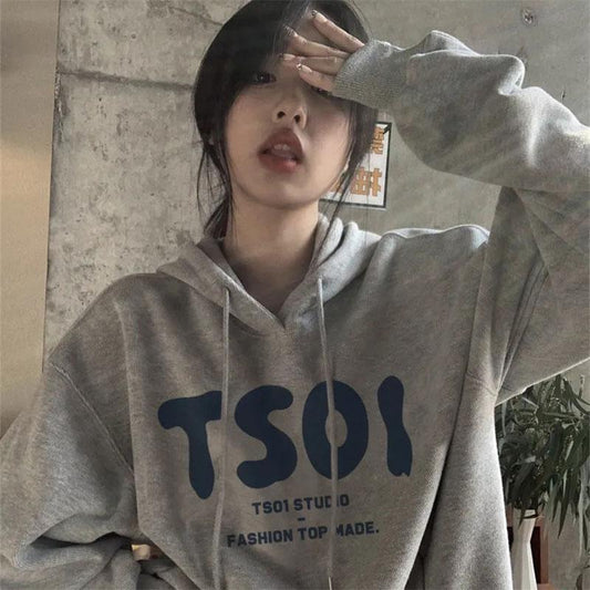 Female Ins Hooded Sweater Student Spring and Autumn Korean Version Loose All-match Coat Letter Printing Long-sleeved Pullover Sweater Coat
