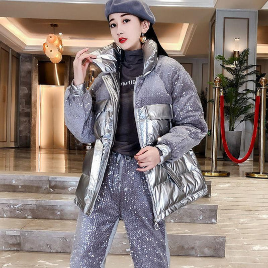 Glossy Down Padded Jacket Women's Autumn and Winter Waist Was Thinner Sequin Stitching Cotton-padded Jacket