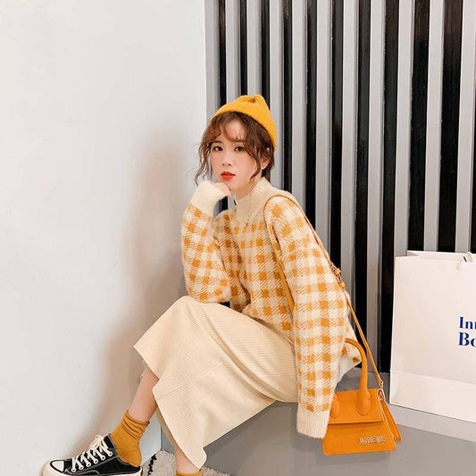 Women's Knitted Plaid Sweater O-neck Long Sleeve Alpaca Wool Blend Knitwear Pull