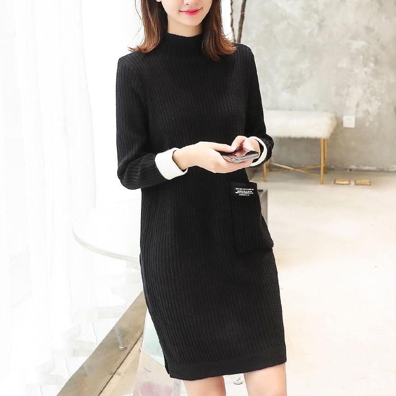 Autumn and Winter Mid-length Sweater Knitted Loose Half Turtleneck Bottoming Shirt Long Sleeve Women's Dress