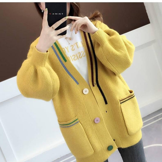 Autumn and Winter Cardigan Sweater Women's Knitted Jacket Lantern Sleeves Loose Sweater