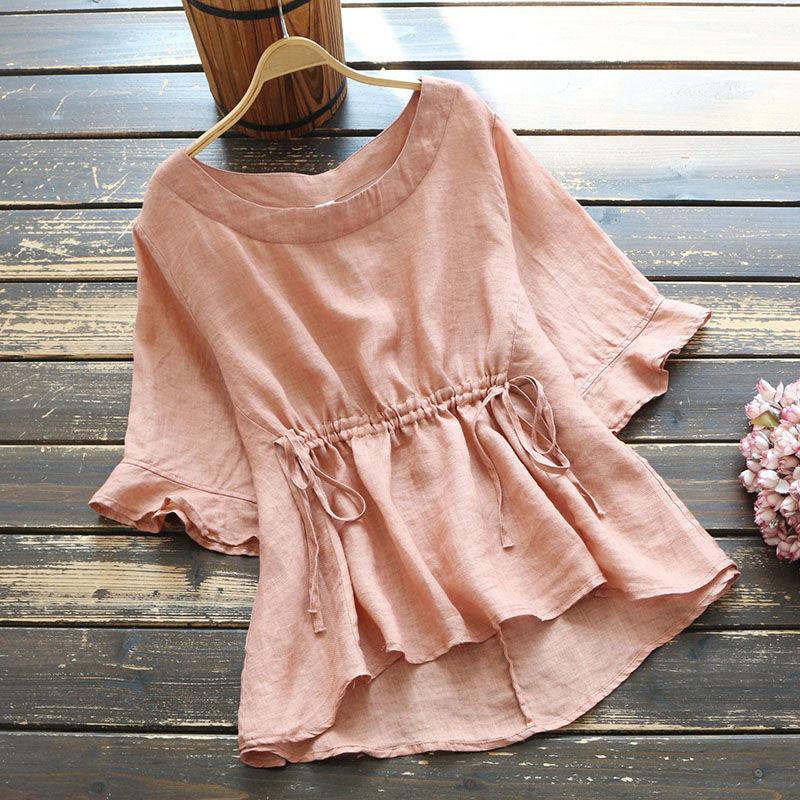 Cotton Shirt Summer Women's All-match Loose Smocked Waist Short-sleeved Shirt Lotus Leaf Sleeve Top