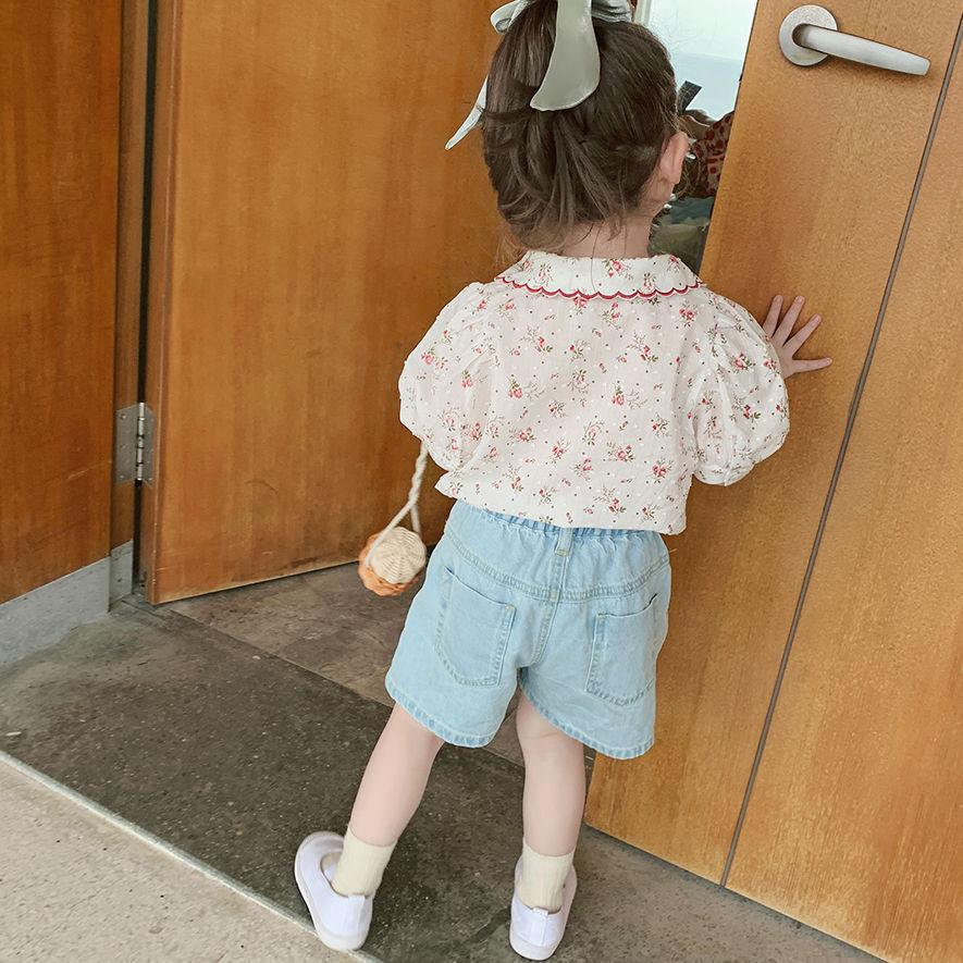 Children's Top Summer Thin Girl's Retro Style Shirt Floral Embroidery Bubble Sleeve Pleated Shirt