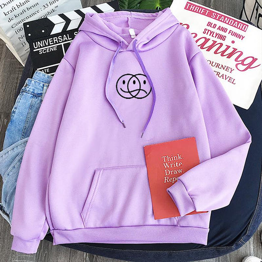 Smile Face and Sad Face Hoodie Aesthetic Sweatshirt Pullover Korean Style Streetwear Sweatshirt Long Sleeve Smile Sad Face Line Print Hood