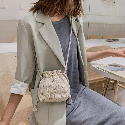 Lace Women's Straw Woven Bucket Bag Cute Summer Student Travel Vacation Beach Bag Shoulder Messenger Bag