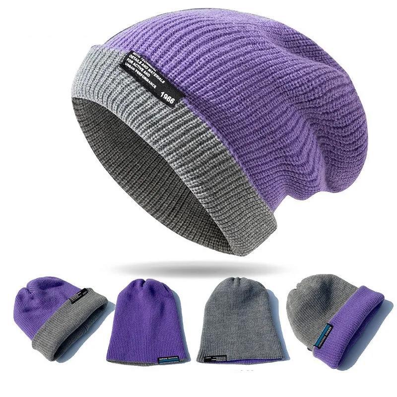Double-sided Woolen Hat Men's Winter Thickened Warm Knitted Hat Korean Fashion Labeling Big Head Hooded Knitted Hat
