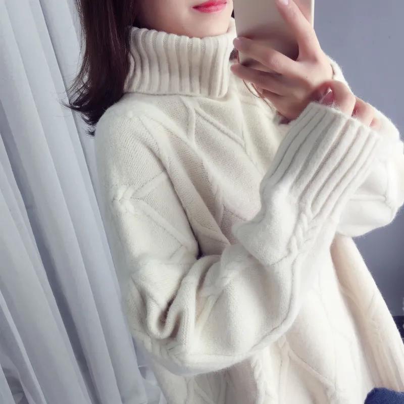 Winter Thickened Turtleneck Women's Sweater Fashion Solid Color Threaded Pullover Sweater Loose Large Size