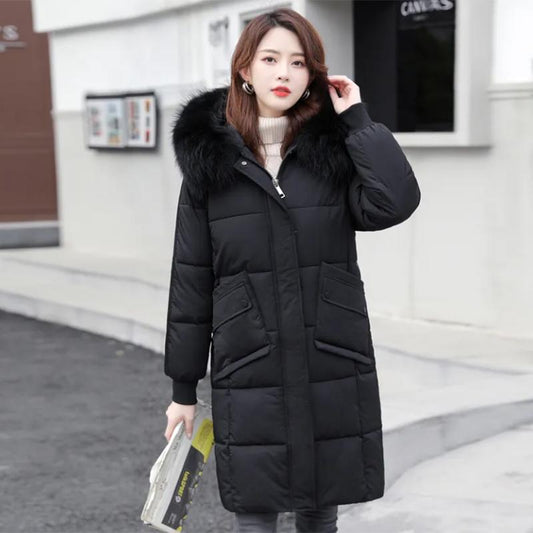 Women's Solid Color Down Jacket Mid-length Korean Loose Thick Coat Warm Cotton Coat Big Fur Collar Winter Clothes Quilted Coat